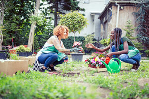 Two women in a garden surrounded by small trees, potted plants, and a watering can